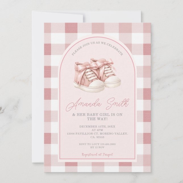 Invitation Pink Baby Shoes Gingham Girl Baby Shower (Devant)