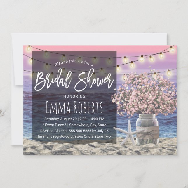 Invitation Pink Babys Breath Jar Beach Starfish Fête des mari (Devant)