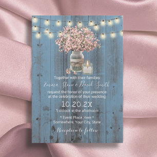 Invitation Pink Baby's Breath Jar Dusty Blue Rustic Mariage