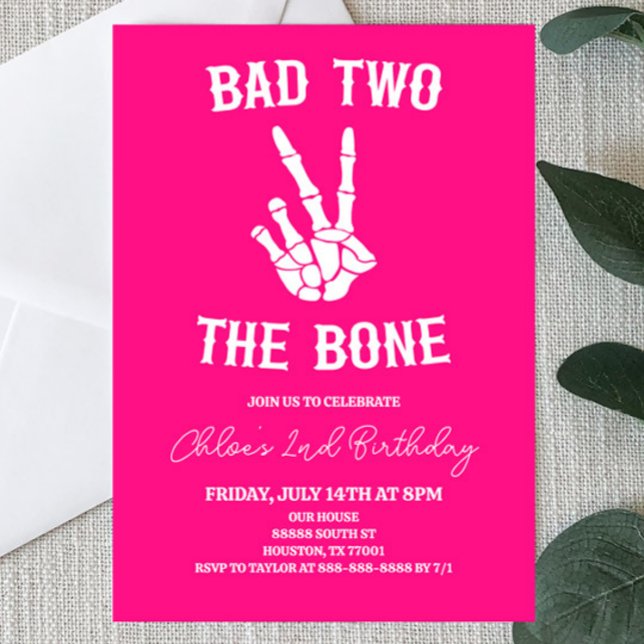 Invitation Pink Bad Two The Bone Skeleton 2e fête d'anniversa (Créateur téléchargé)