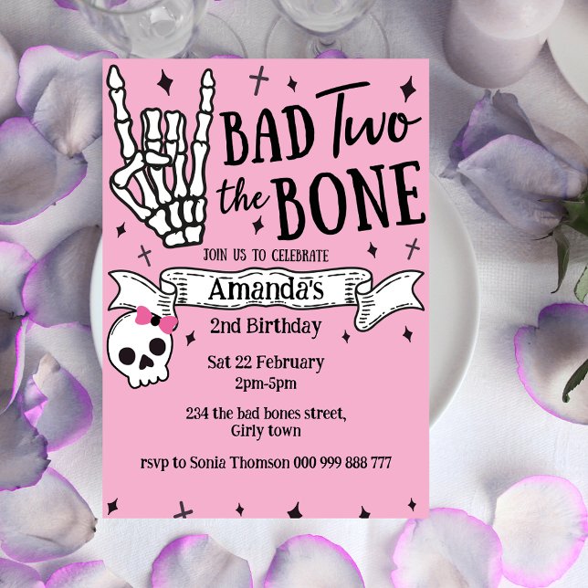 Invitation Pink Bad Two The Bones 2e anniversaire (Pink Bad Two The Bones 2nd Birthday Invitation)