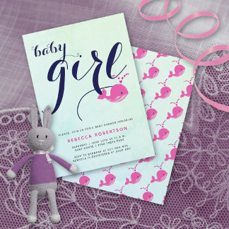 Invitation Pink baleine marine typographie océan bébé fille d