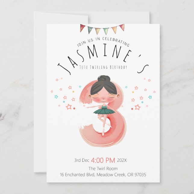 Invitation Pink Ballerina 3e fille anniversaire (Devant)