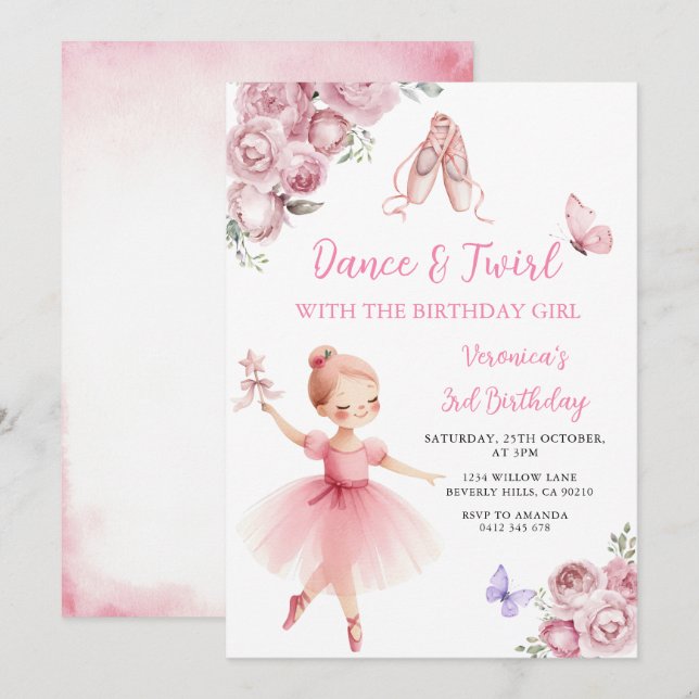 Invitation Pink Ballerina Dance & Twirl 3rd Birthday (Devant / Derrière)