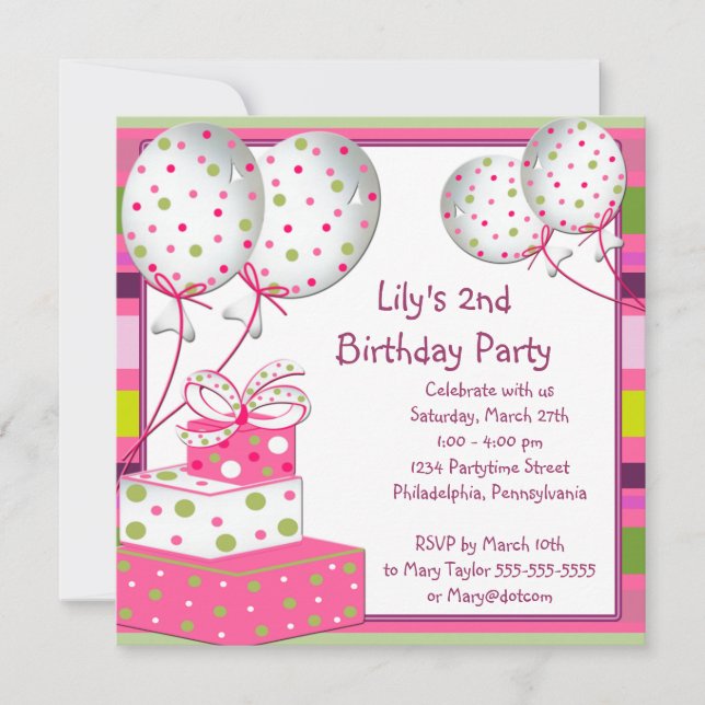 Invitation Pink Ballons Girls 2e fête d'anniversaire (Devant)