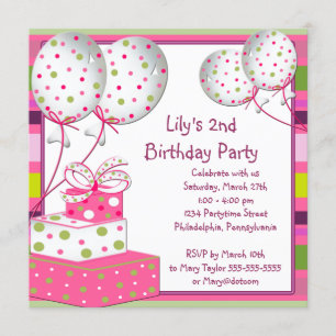 Invitation Pink Ballons Girls 2e fête d'anniversaire
