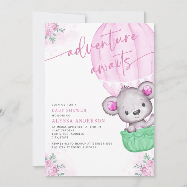 Invitation Pink Balloon Adventure Attend Girl Baby shower (Devant)
