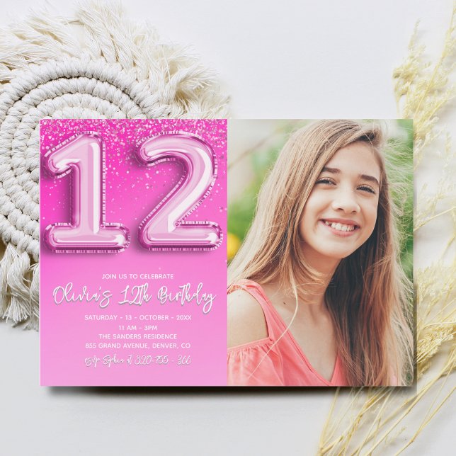 Invitation Pink Balloon Number 12 Girl's Birthday with Photo  (Créateur téléchargé)