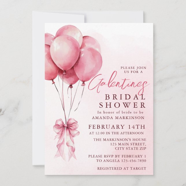 Invitation Pink Balloon Watercolor Galentines Bridal Shower (Devant)
