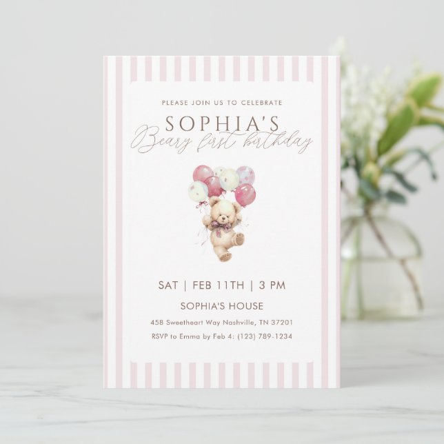 Invitation Pink Balloons Teddy Bear 1st Birthday (Debout devant)