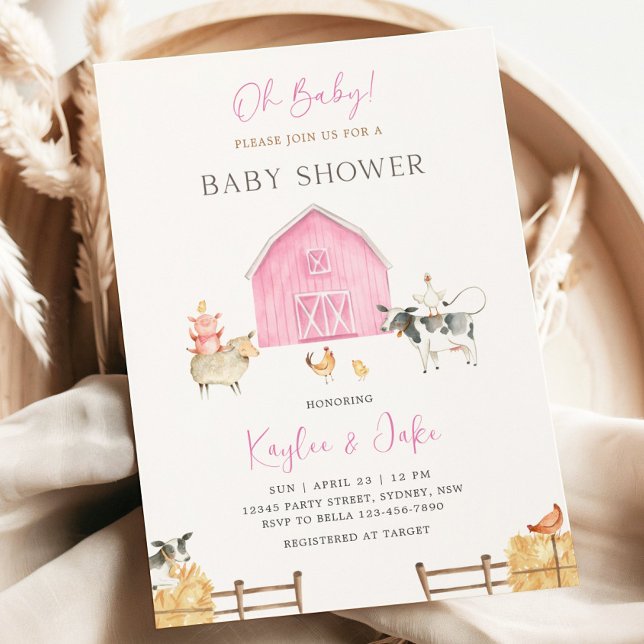 Invitation Pink Barn Farm Animals Oh Baby Girl Baby Shower (Créateur téléchargé)
