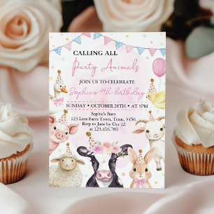 Invitation Pink Barnyard Farm Animaux Fille Anniversaire
