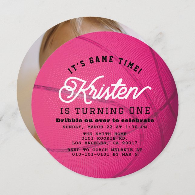 Invitation Pink Basketball Girl Photo 1st Birthday Circle (Devant / Derrière)