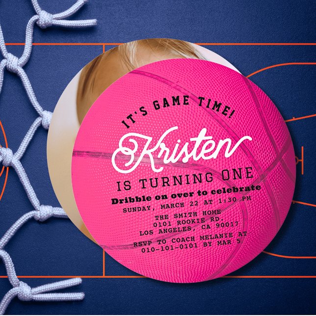 Invitation Pink Basketball Girl Photo 1st Birthday Circle (Créateur téléchargé)
