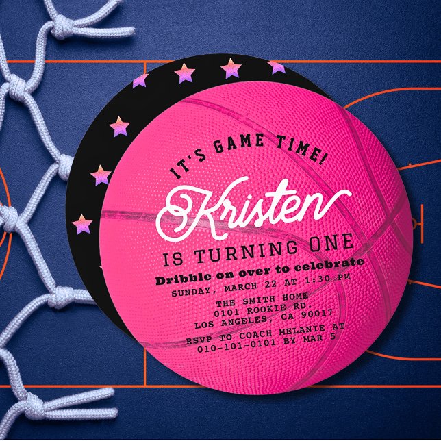 Invitation Pink Basketball Shape Girl 1st Birthday Circle (Créateur téléchargé)