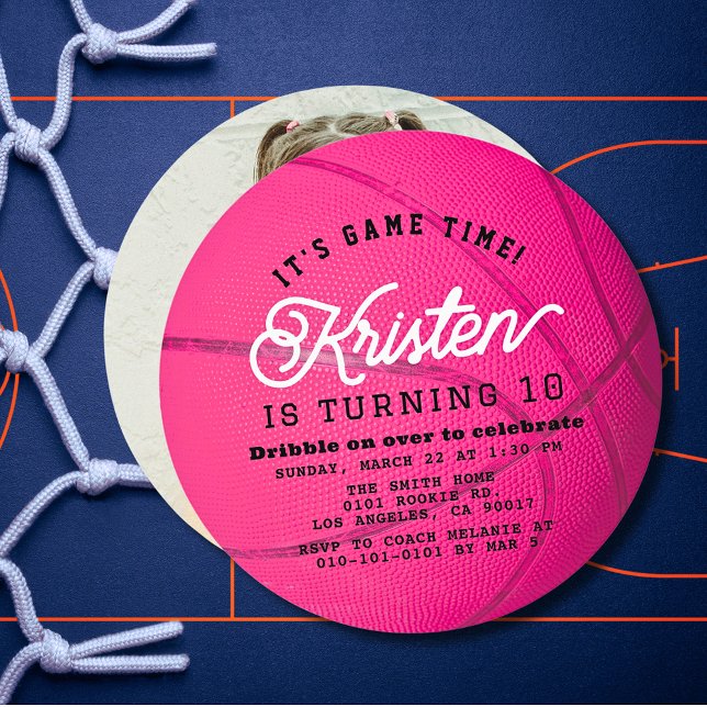 Invitation Pink Basketball Shape Photo Girl Birthday Circle (Créateur téléchargé)