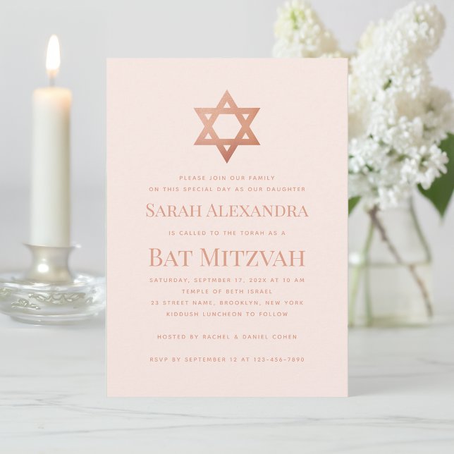 Invitation Pink Bat Mitzvah Simple  Rose Gold Star of David  (Créateur téléchargé)