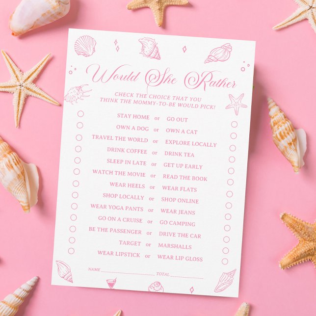 Invitation Pink Beach Baby Shower Would She Rather Game Card (Créateur téléchargé)