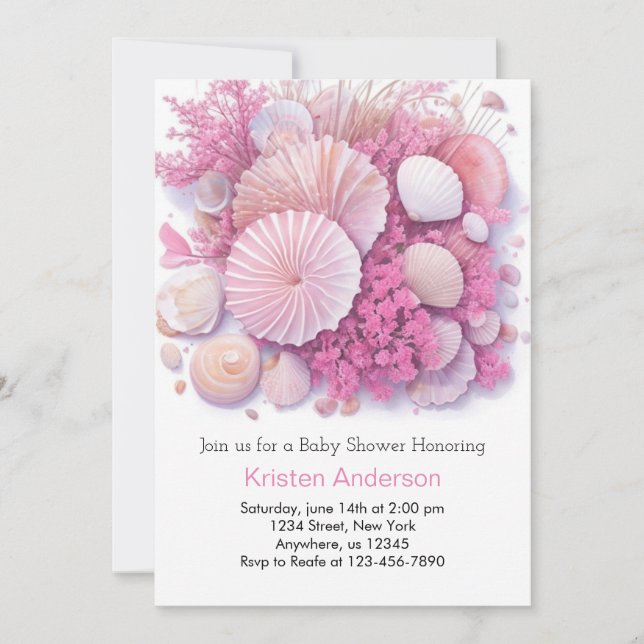 Invitation Pink Beach Blissful Celebration Girl Baby shower (Devant)