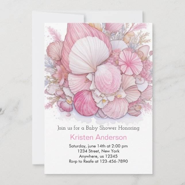 Invitation Pink Beach Blissful Ocean Girl Baby shower (Devant)