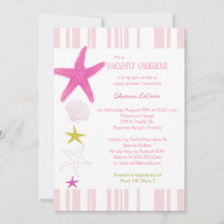 Invitation Pink Beach Starfish Stripes Baby Girl Baby shower