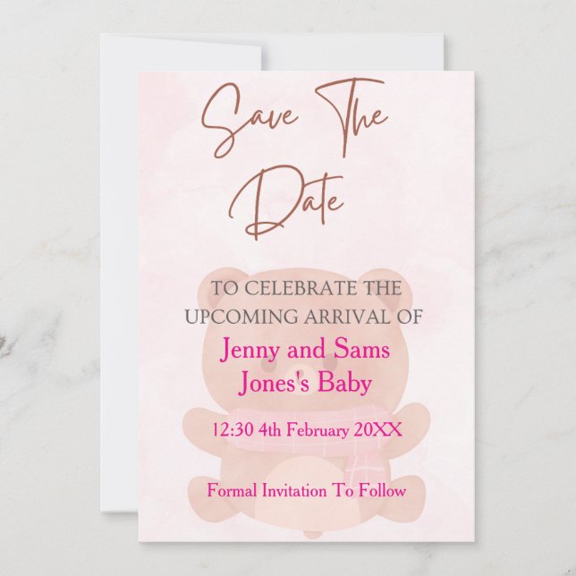 Invitation Pink Bear Baby Shower Save the Date Card | Cute &  (Devant)