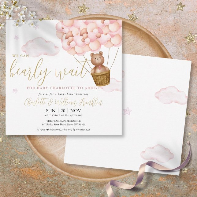 Invitation Pink Bearly Wait Teddy Bear Girl Baby shower (Pink Bearly Wait Teddy Bear Girl Baby Shower Invitation)