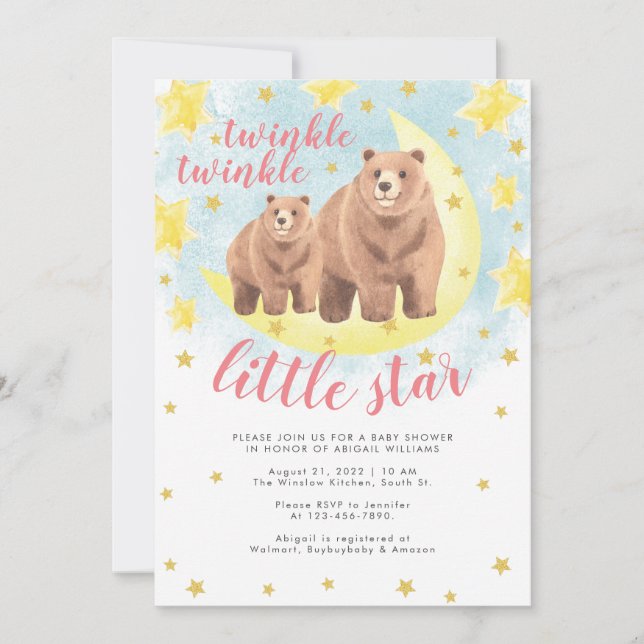 Invitation Pink Bears Gold Twinkle Baby shower Little Star (Devant)