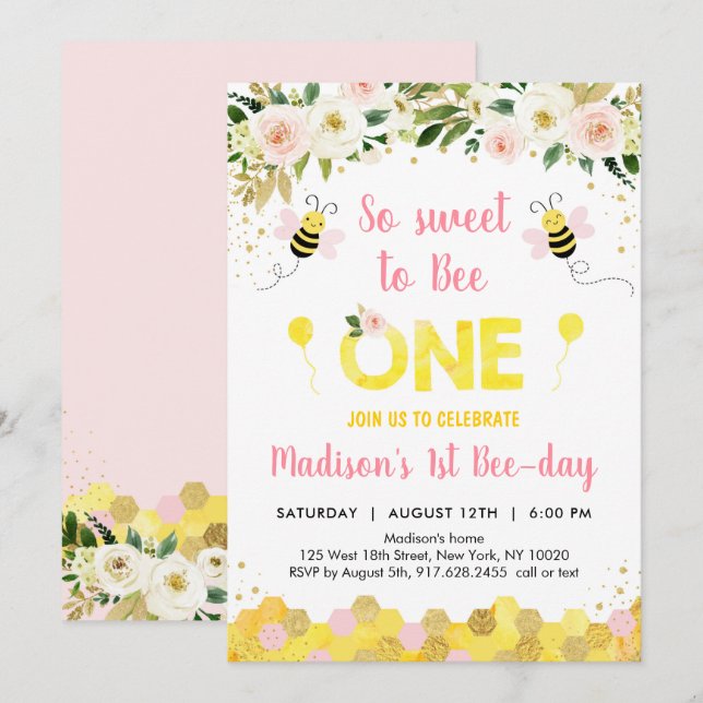 Invitation Pink bee First Birthday (Devant / Derrière)