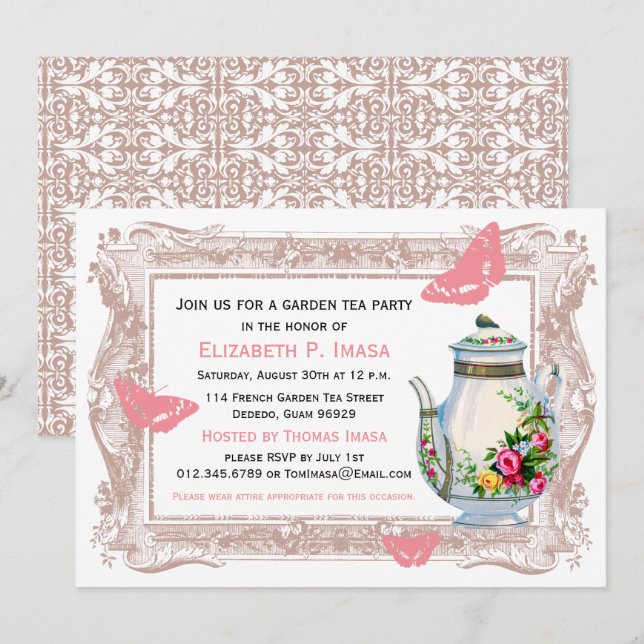 Invitation Pink & Beige Chic Country Garden Tea Party (Devant / Derrière)