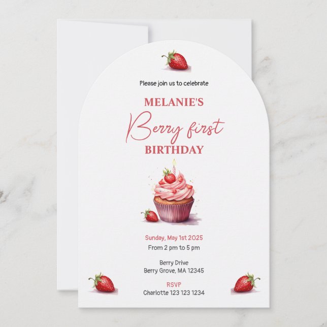 Invitation Pink Berry Premier Anniversaire Aquarelle Photo pe (Devant)