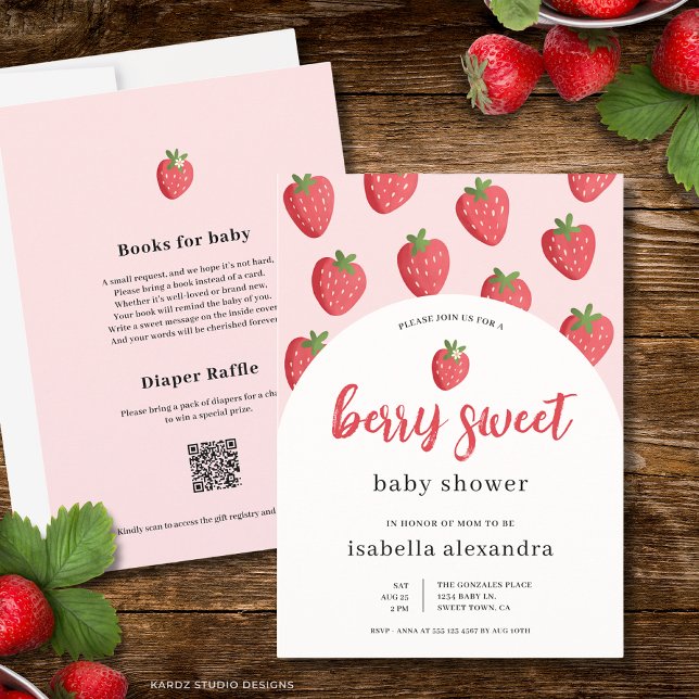 Invitation Pink Berry Sweet Strawberry Baby Shower (The front and back of the invitation are shown in 5x7-inch size.Choose size, paper, and corner style)