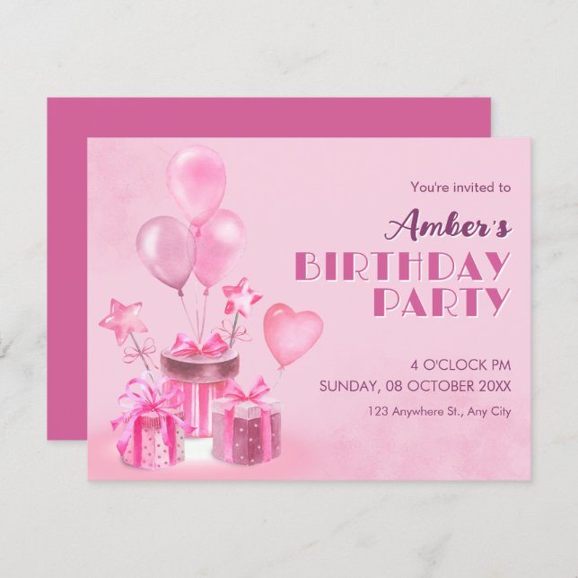 Invitation Pink Birthday Party (Devant / Derrière)