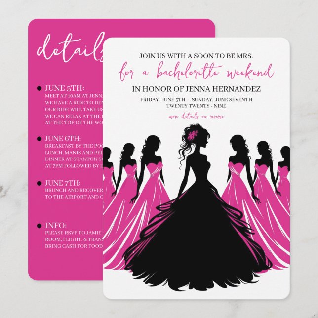 Invitation Pink & Black Bachelorette Party (Devant / Derrière)