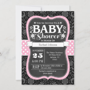 Invitation Pink Black Chalkboard Floral Baby shower Invitatio