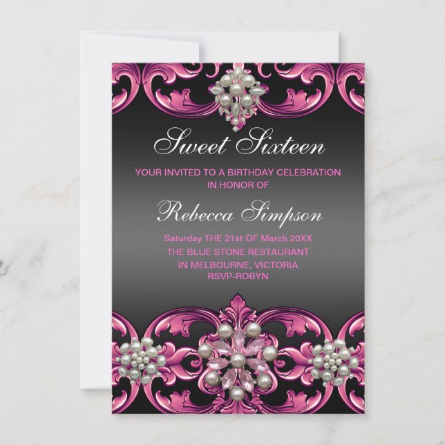 Invitation Pink/Black Damask & Pearl Sweet 16 Anniversaire In (Devant)