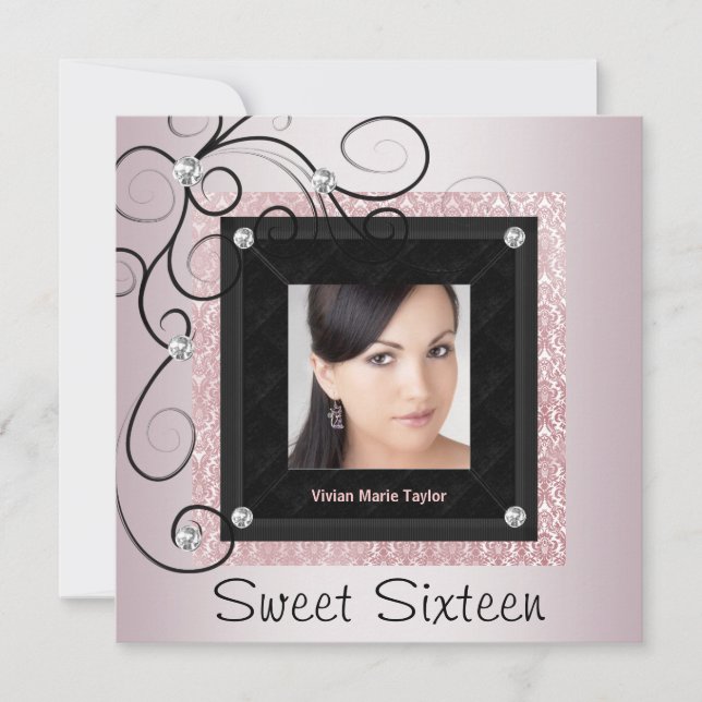 Invitation Pink Black Damask Photo Sweet 16 Party (Devant)
