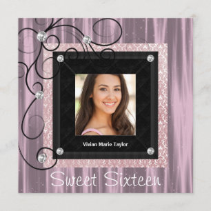 Invitation Pink Black Damask Photo Sweet 16 Party
