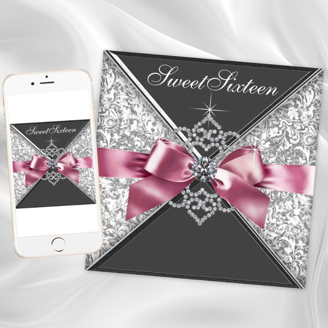 Invitation Pink Black Diamond Bow Sweet 16 Anniversaire (Créateur téléchargé)