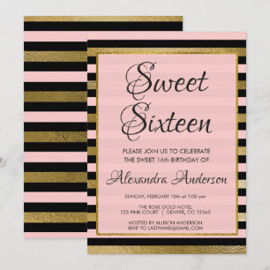 Invitation Pink Black Gold Foil Stripe Sweet 16 Anniversaire