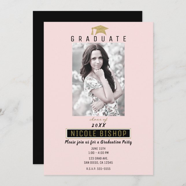 Invitation Pink Black Gold Graduate Photo Party (Devant / Derrière)