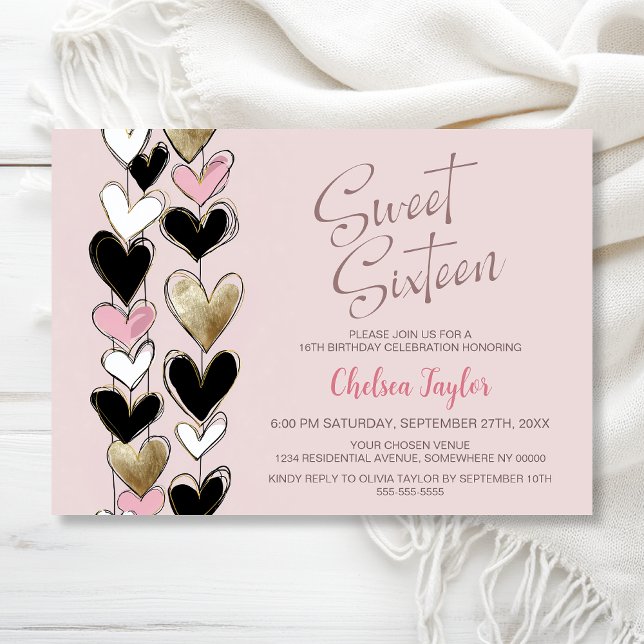 Invitation Pink Black Gold Heart Theme Sweet 16 Birthday (Créateur téléchargé)