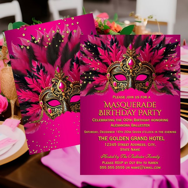 Invitation Pink Black Gold Masks Masquerade Birthday Party (Créateur téléchargé)