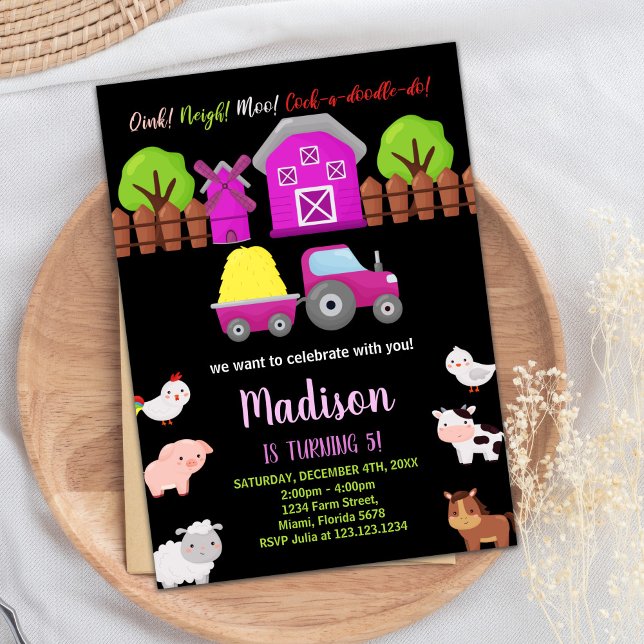 Invitation Pink Black Green Animaux de ferme Anniversaire Inv (Pink Black Green Farm Animals Birthday Invitations)