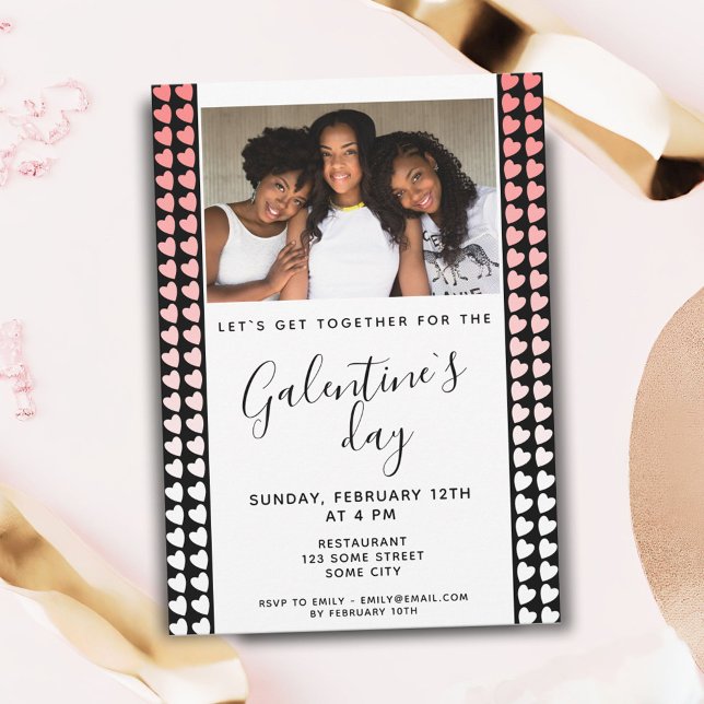 Invitation Pink Black Heart Friend Photo Galentine`s Day (Créateur téléchargé)