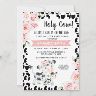 Invitation Pink Black Holy Cow Floral Cow Imprimer Baby showe