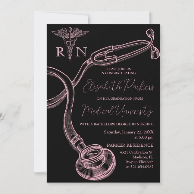 Invitation Pink Black Nursing School Graduation Party (Devant)