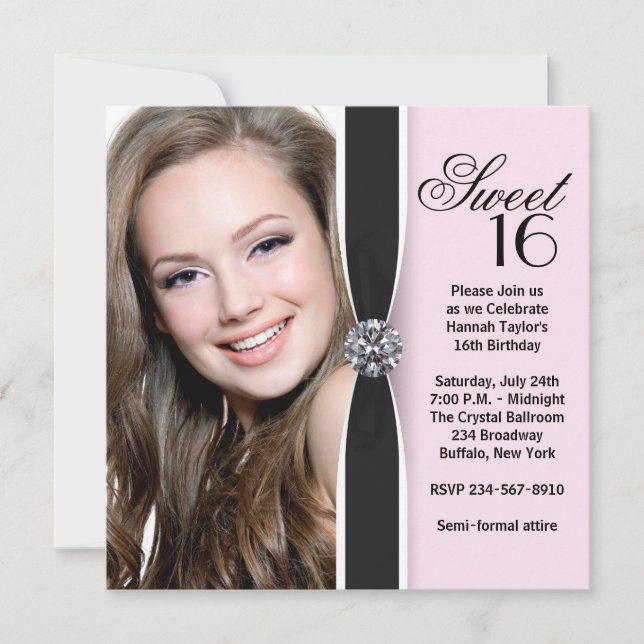 Invitation Pink Black Photo Sweet 16 Anniversaire (Devant)
