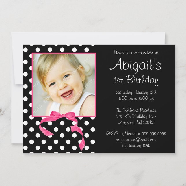 Invitation Pink Black Polka Dot Girl Photo 1er anniversaire (Devant)