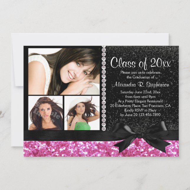 Invitation Pink/Black Sparkle Bow 3 Photo Graduation Party (Devant)